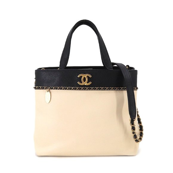 CHANEL Handbags - CHANEL 2way hand chain shoulder bag caviar skin leather beige black Hand Shou...